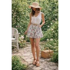 Capacity Vintage Floral Flowy Shorts Womens Large Cotton High Waist Pink Blue L